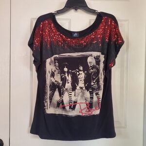 Y2K Red Sequin Top Black Pullover Short Sleeves Graphic Tee Retro Rebel Lrg